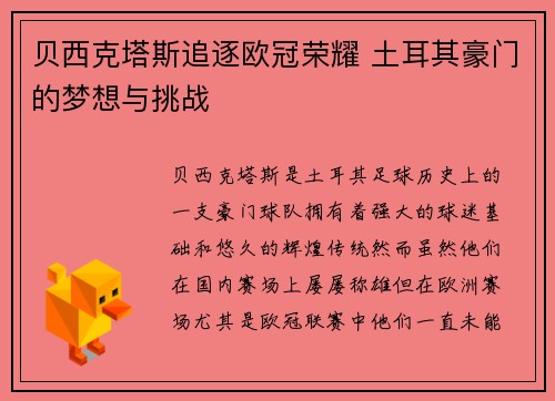 贝西克塔斯追逐欧冠荣耀 土耳其豪门的梦想与挑战