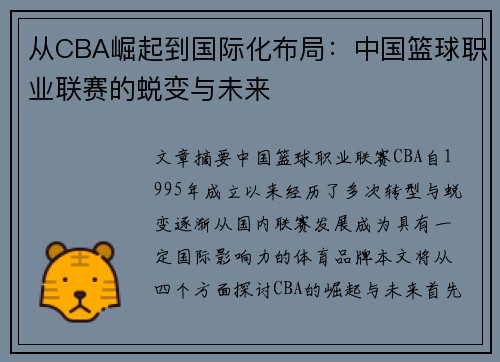 从CBA崛起到国际化布局：中国篮球职业联赛的蜕变与未来