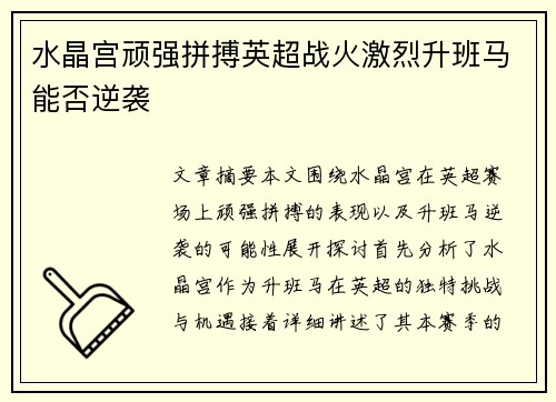 水晶宫顽强拼搏英超战火激烈升班马能否逆袭